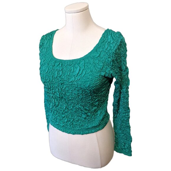 Vintage Y2K Green Teal Bubble Top Long Sleeve Crinkle Stretchy Scoop Neck Sz M - Picture 2 of 7